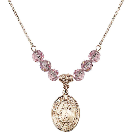 14kt Gold Filled Saint Maria Bertilla Boscardin Birthstone Necklace with Light Rose Beads - 8428