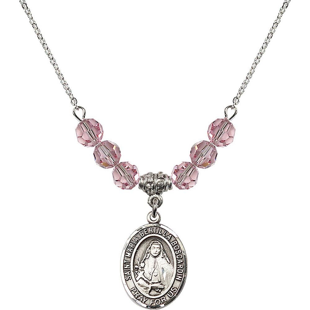 Sterling Silver Saint Maria Bertilla Boscardin Birthstone Necklace with Light Rose Beads - 8428