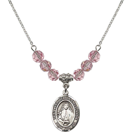 Sterling Silver Saint Maria Bertilla Boscardin Birthstone Necklace with Light Rose Beads - 8428