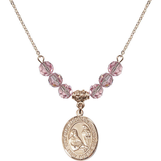 14kt Gold Filled Saint Mary Magdalene of Canossa Birthstone Necklace with Light Rose Beads - 8429