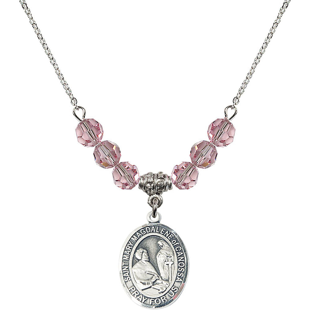 Sterling Silver Saint Mary Magdalene of Canossa Birthstone Necklace with Light Rose Beads - 8429