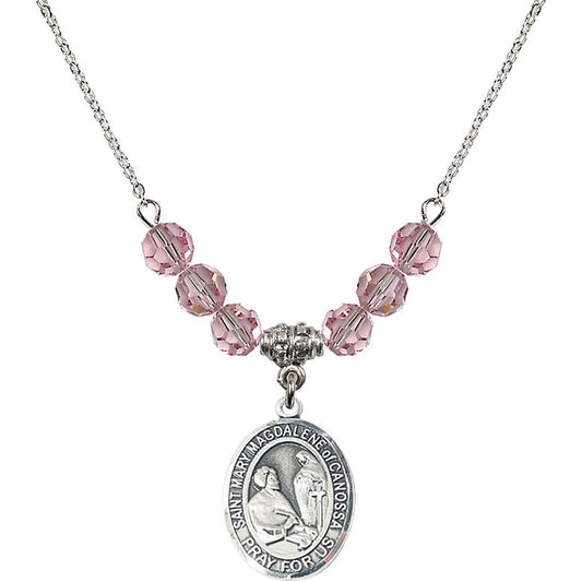 Sterling Silver Saint Mary Magdalene of Canossa Birthstone Necklace with Light Rose Beads - 8429