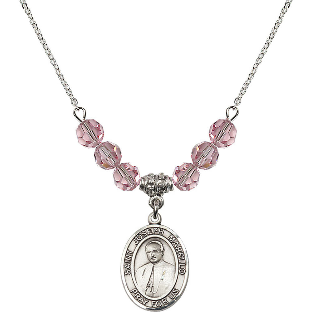 Sterling Silver Saint Joseph Marello Birthstone Necklace with Light Rose Beads - 8430