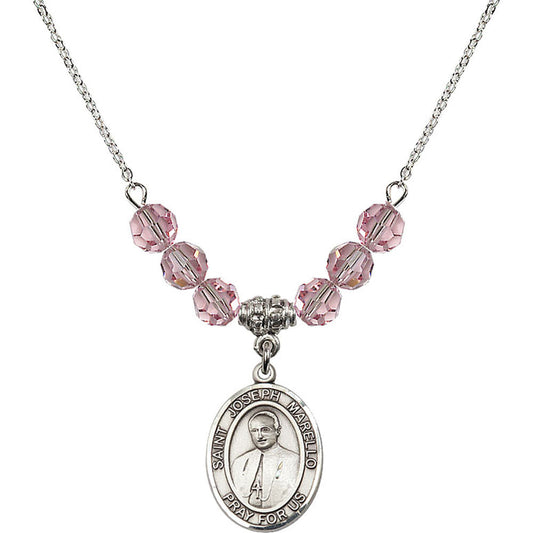 Sterling Silver Saint Joseph Marello Birthstone Necklace with Light Rose Beads - 8430