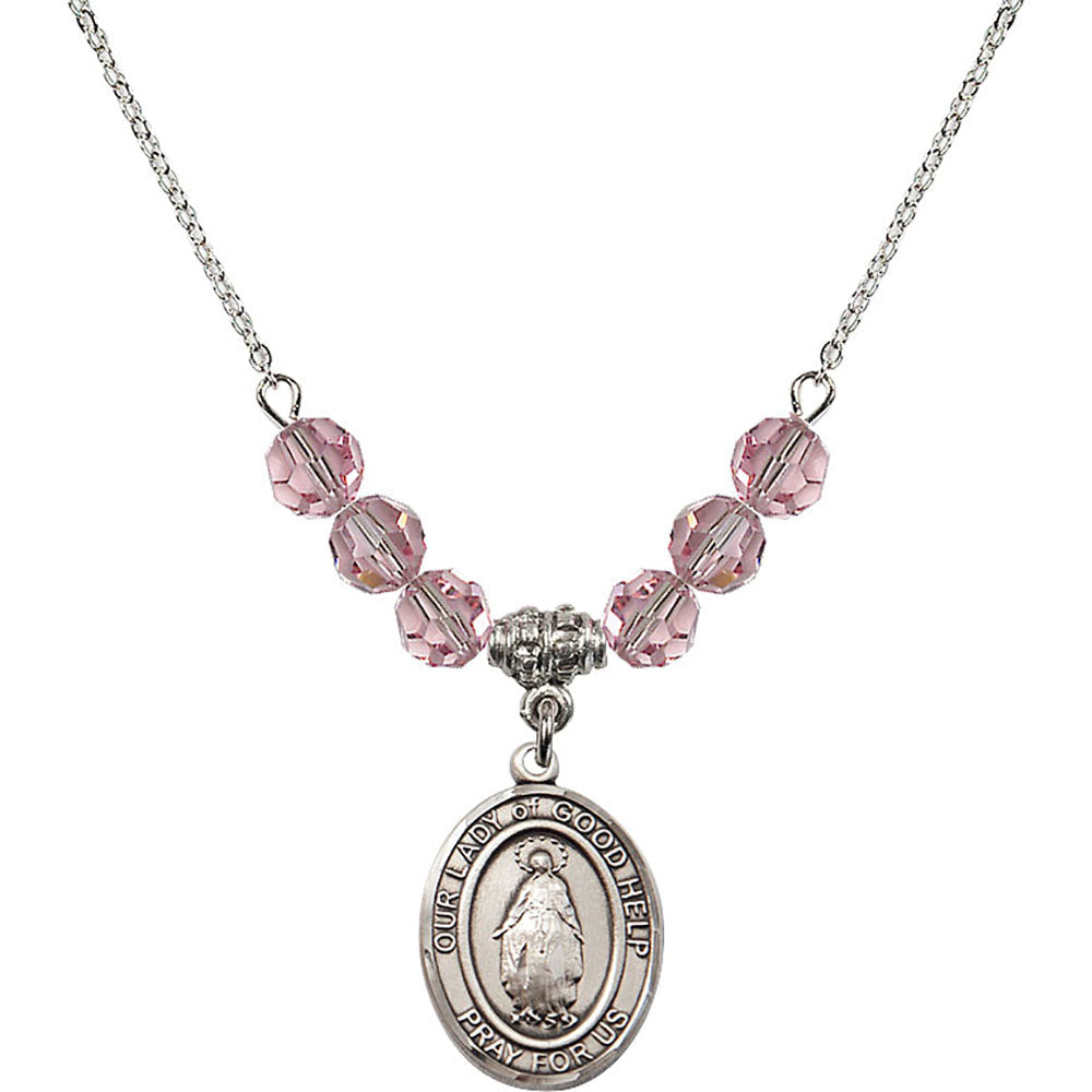 Sterling Silver Our Lady Of Good Help Birthstone Necklace with Light Rose Beads - 8431