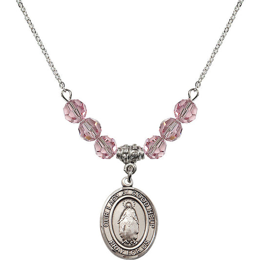Sterling Silver Our Lady Of Good Help Birthstone Necklace with Light Rose Beads - 8431