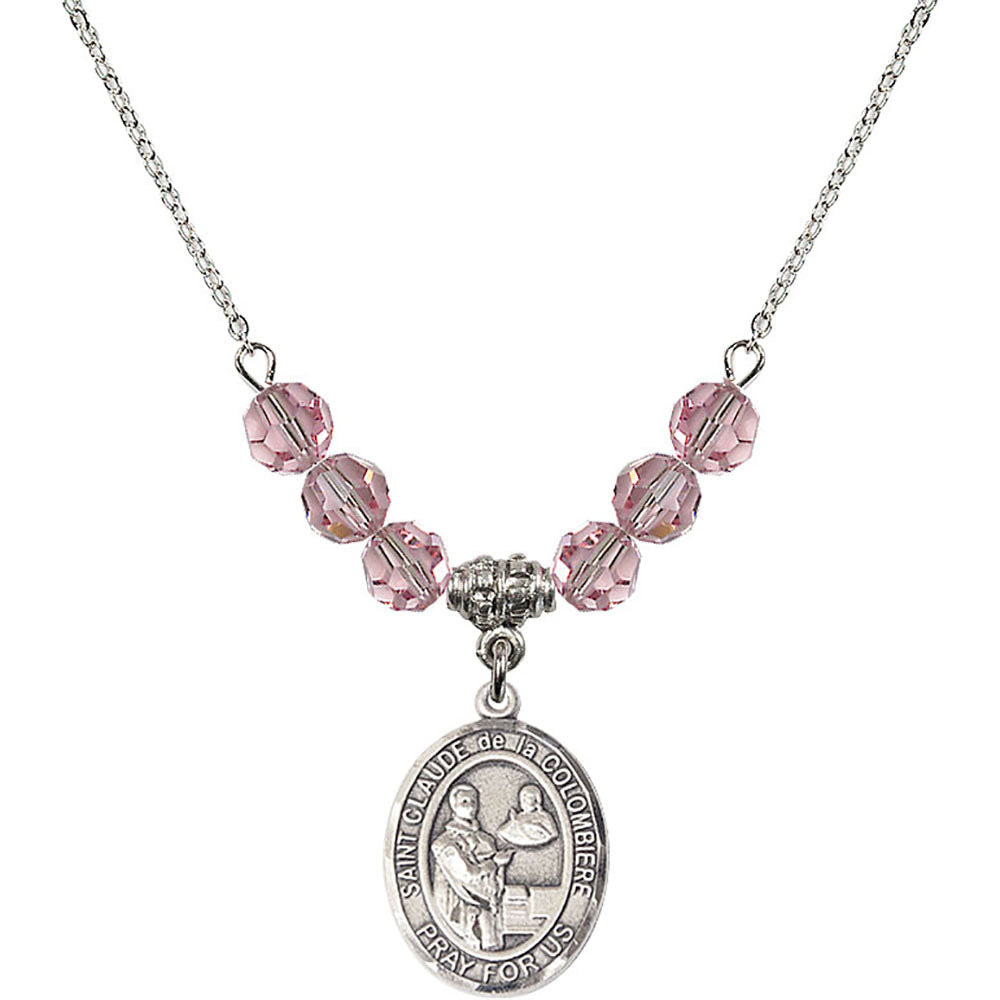 Sterling Silver Saint Claude de la Colombiere Birthstone Necklace with Light Rose Beads - 8432