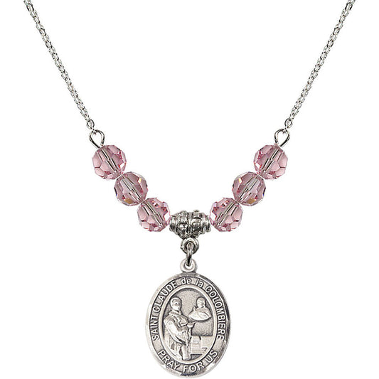 Sterling Silver Saint Claude de la Colombiere Birthstone Necklace with Light Rose Beads - 8432