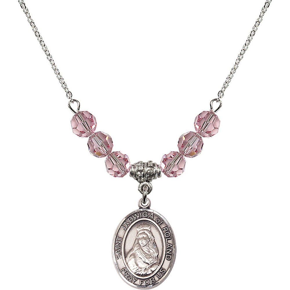 Sterling Silver Saint Jadwiga of Poland Birthstone Necklace with Light Rose Beads - 8434