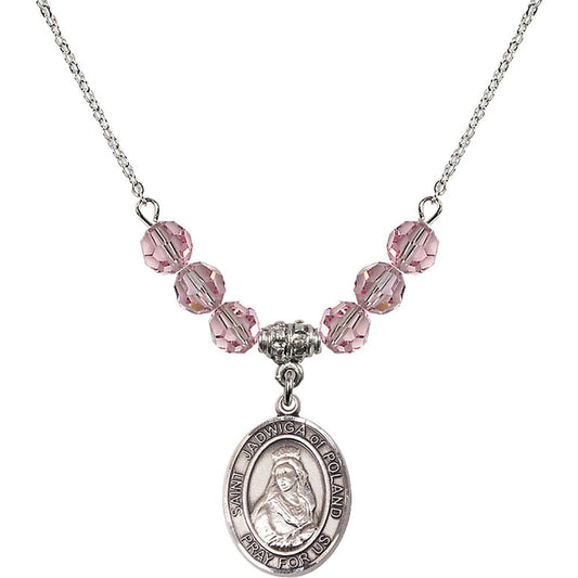 Sterling Silver Saint Jadwiga of Poland Birthstone Necklace with Light Rose Beads - 8434