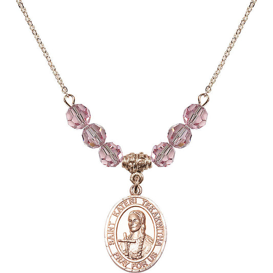 14kt Gold Filled Saint Kateri Tekakwitha Birthstone Necklace with Light Rose Beads - 8438