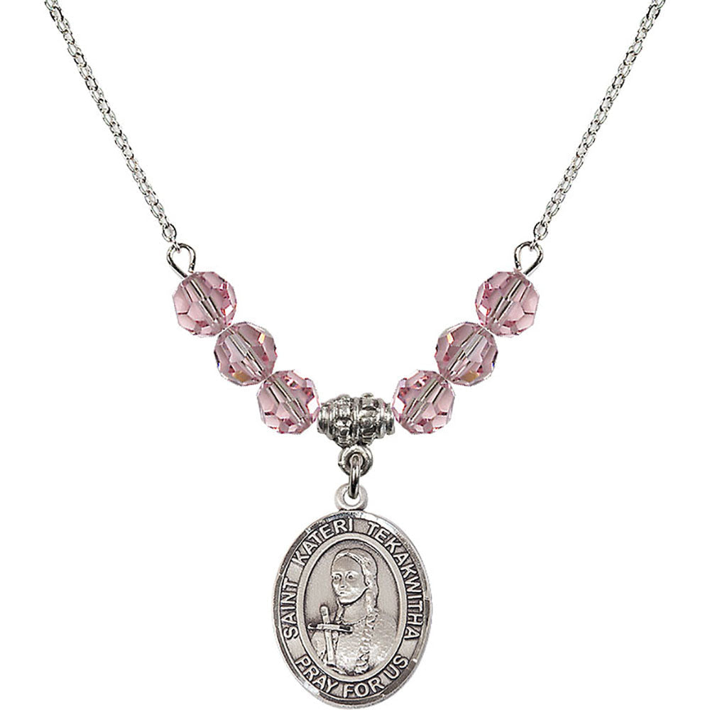 Sterling Silver Saint Kateri Tekakwitha Birthstone Necklace with Light Rose Beads - 8438