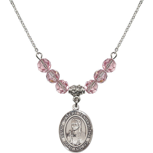 Sterling Silver Saint Kateri Tekakwitha Birthstone Necklace with Light Rose Beads - 8438