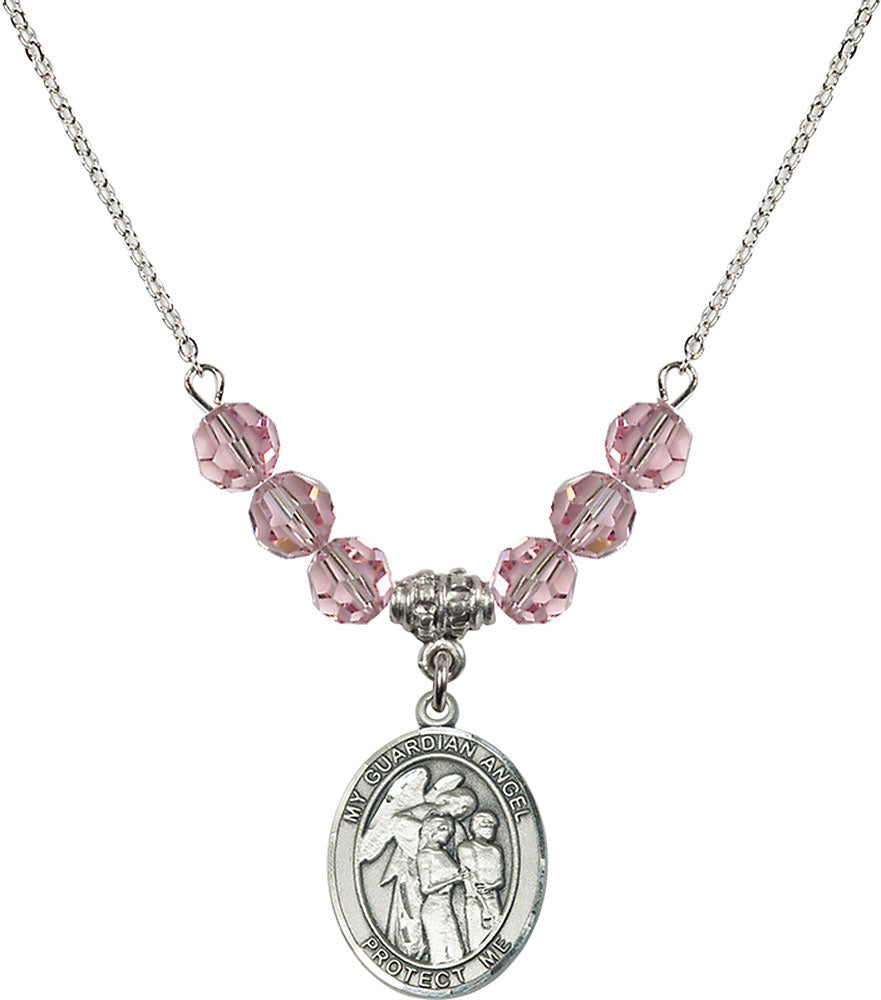 Sterling Silver Guardian Angel w/Children Birthstone Necklace with Light Rose Beads - 8439