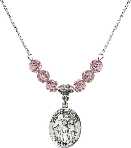 Sterling Silver Guardian Angel w/Children Birthstone Necklace with Light Rose Beads - 8439