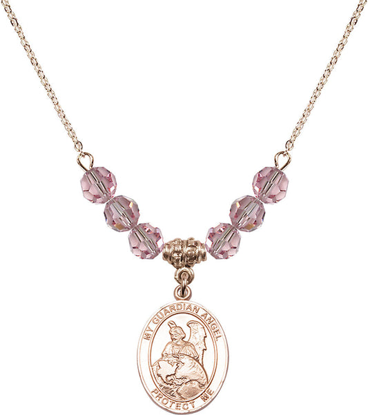 14kt Gold Filled Guardian Angel Protector Birthstone Necklace with Light Rose Beads - 8440