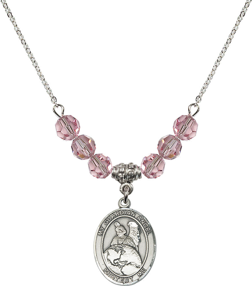 Sterling Silver Guardian Angel Protector Birthstone Necklace with Light Rose Beads - 8440