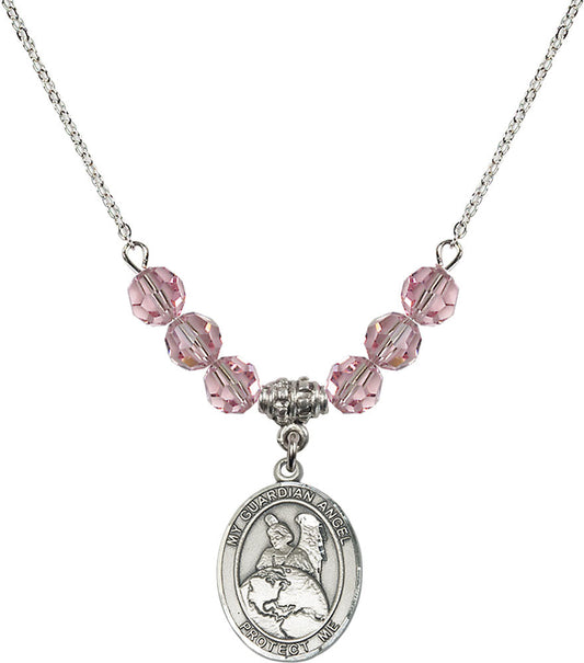 Sterling Silver Guardian Angel Protector Birthstone Necklace with Light Rose Beads - 8440