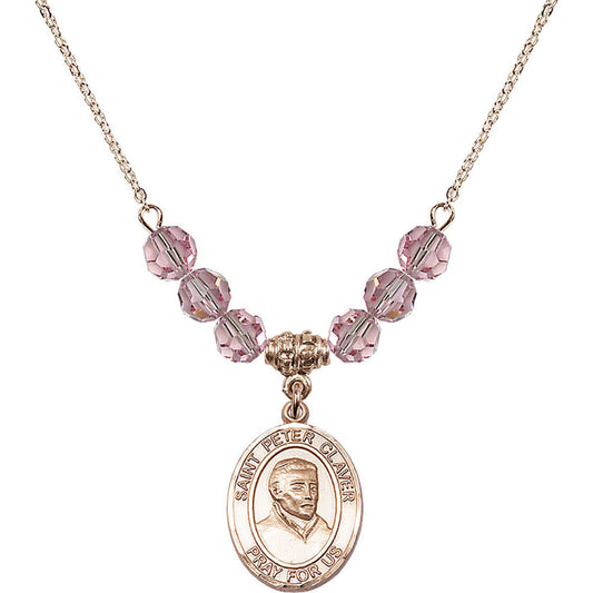 14kt Gold Filled Saint Peter Claver Birthstone Necklace with Light Rose Beads - 8442