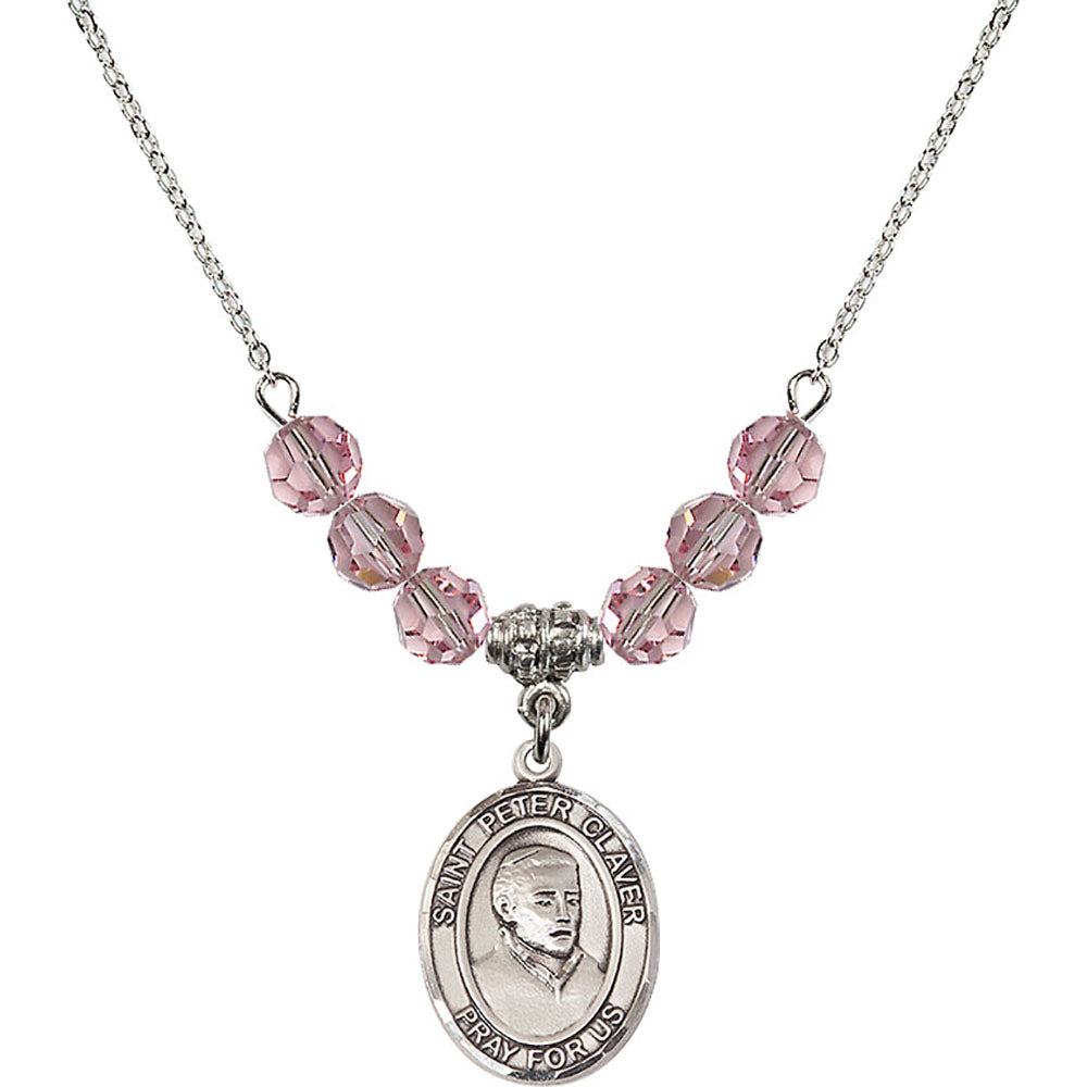 Sterling Silver Saint Peter Claver Birthstone Necklace with Light Rose Beads - 8442