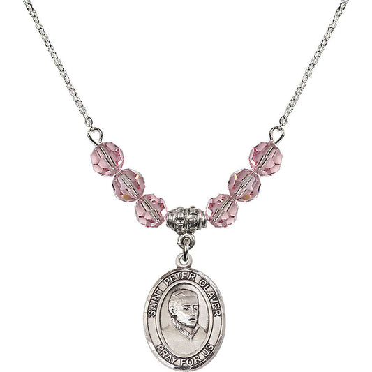 Sterling Silver Saint Peter Claver Birthstone Necklace with Light Rose Beads - 8442