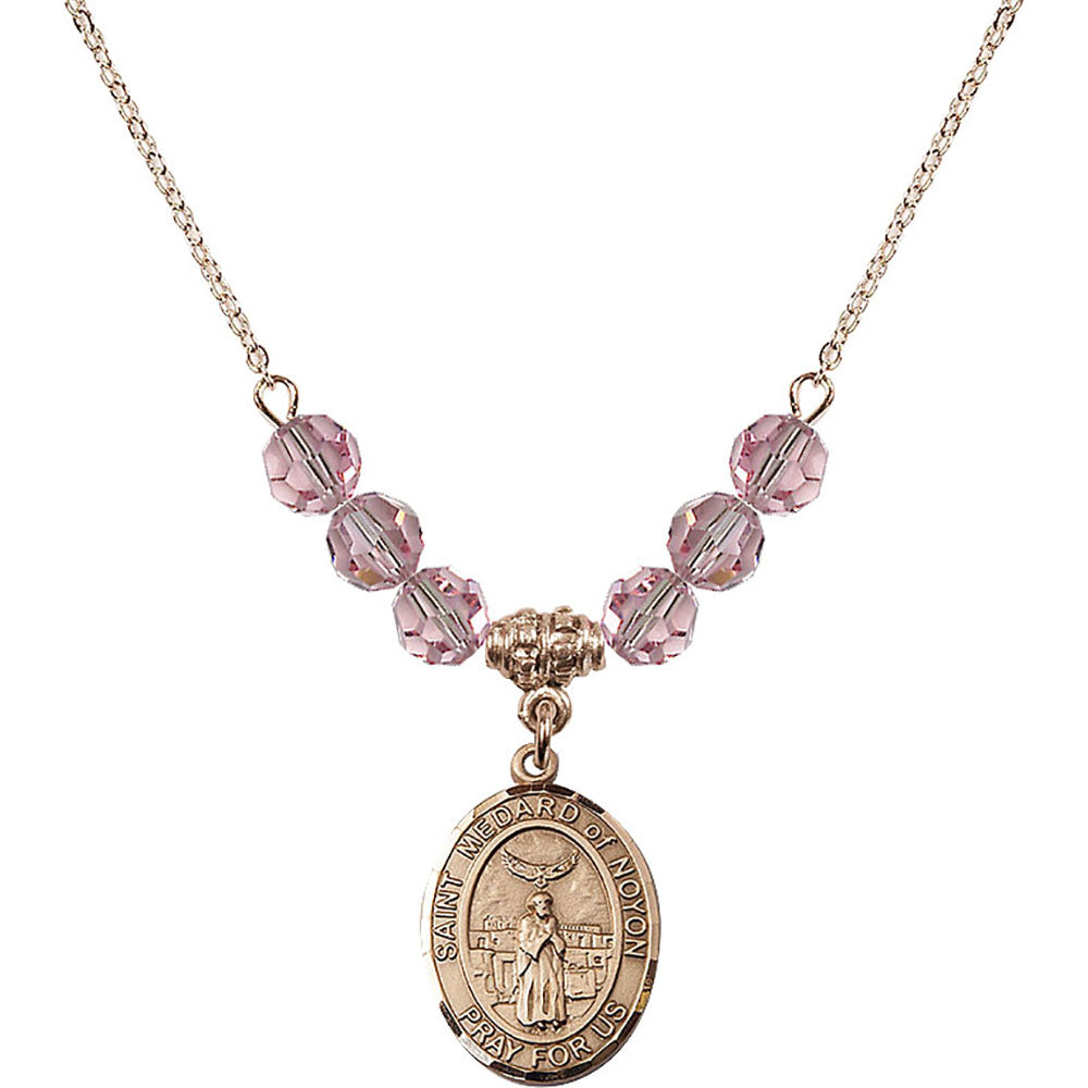 14kt Gold Filled Saint Medard of Noyon Birthstone Necklace with Light Rose Beads - 8444