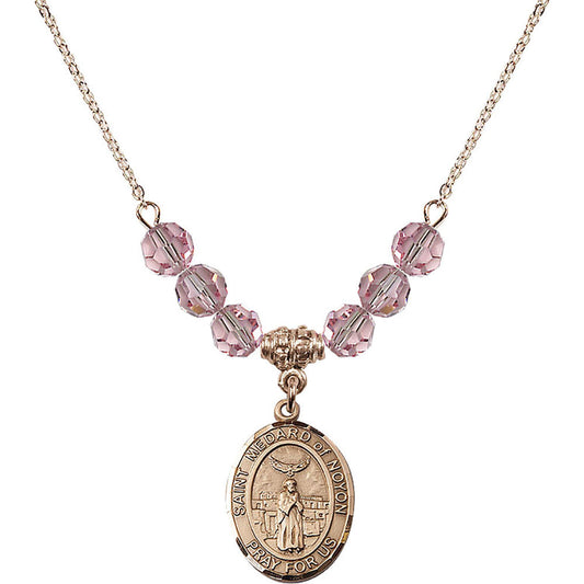 14kt Gold Filled Saint Medard of Noyon Birthstone Necklace with Light Rose Beads - 8444
