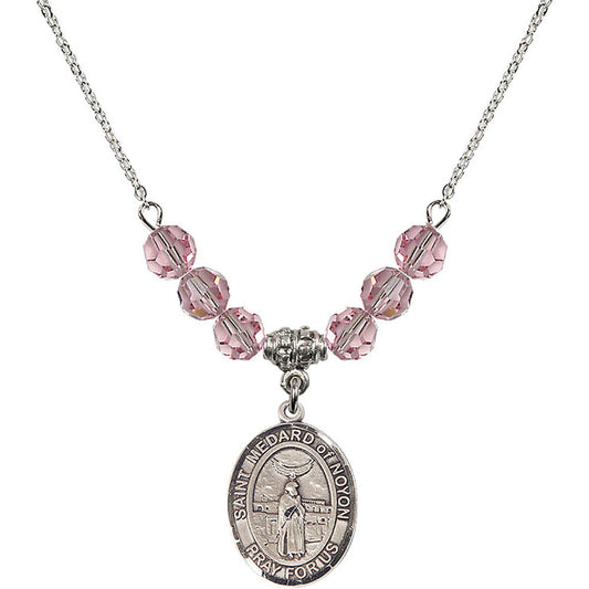 Sterling Silver Saint Medard of Noyon Birthstone Necklace with Light Rose Beads - 8444