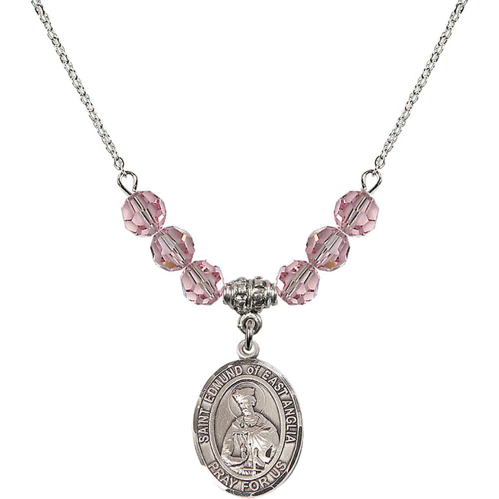 Sterling Silver Saint Edmund of East Anglia Birthstone Necklace with Light Rose Beads - 8445