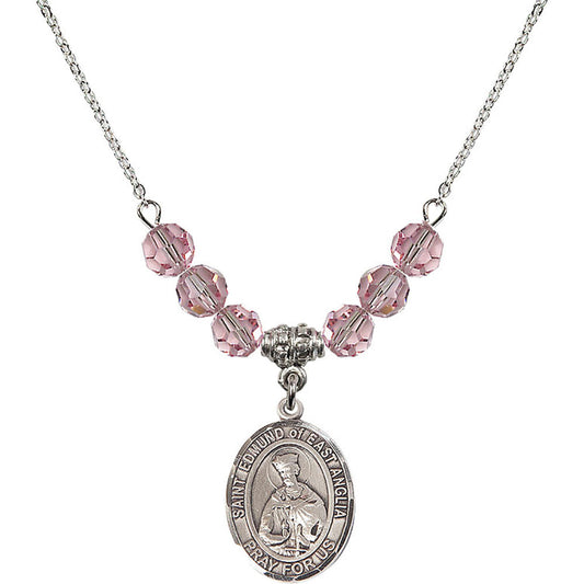 Sterling Silver Saint Edmund of East Anglia Birthstone Necklace with Light Rose Beads - 8445