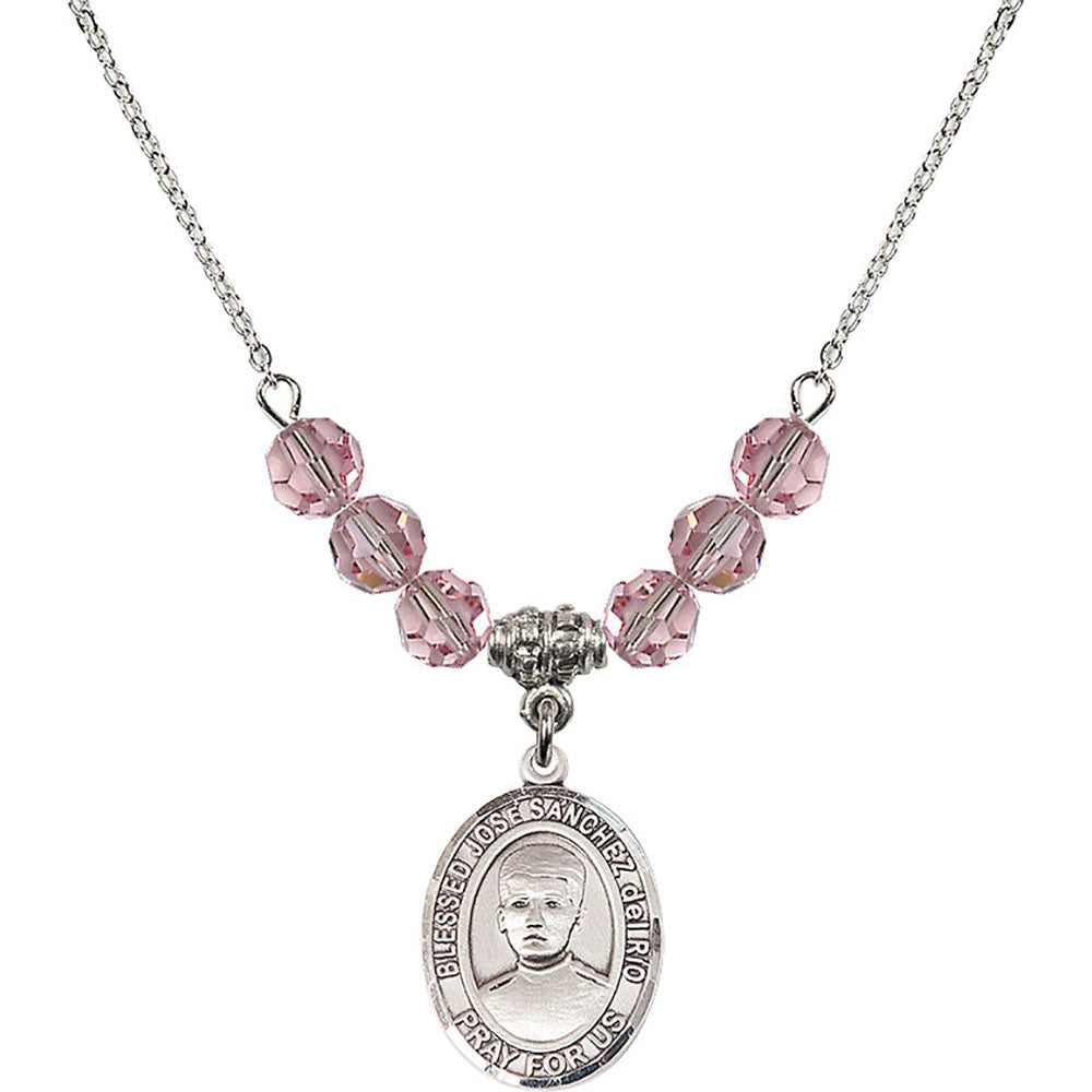 Sterling Silver Blessed Jose Sanchez del Rio Birthstone Necklace with Light Rose Beads - 8446