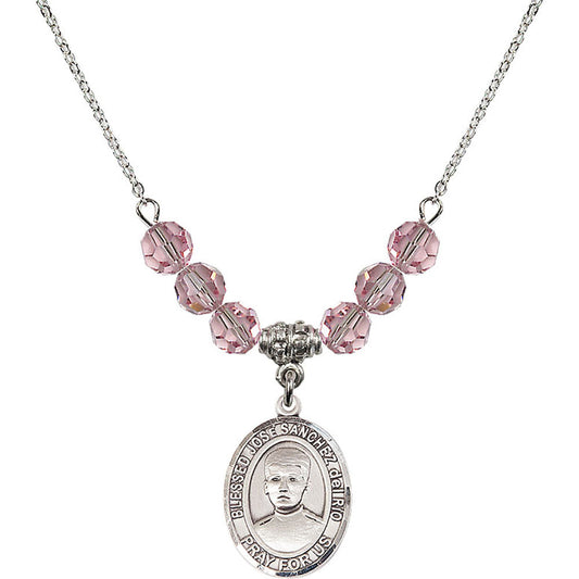 Sterling Silver Blessed Jose Sanchez del Rio Birthstone Necklace with Light Rose Beads - 8446