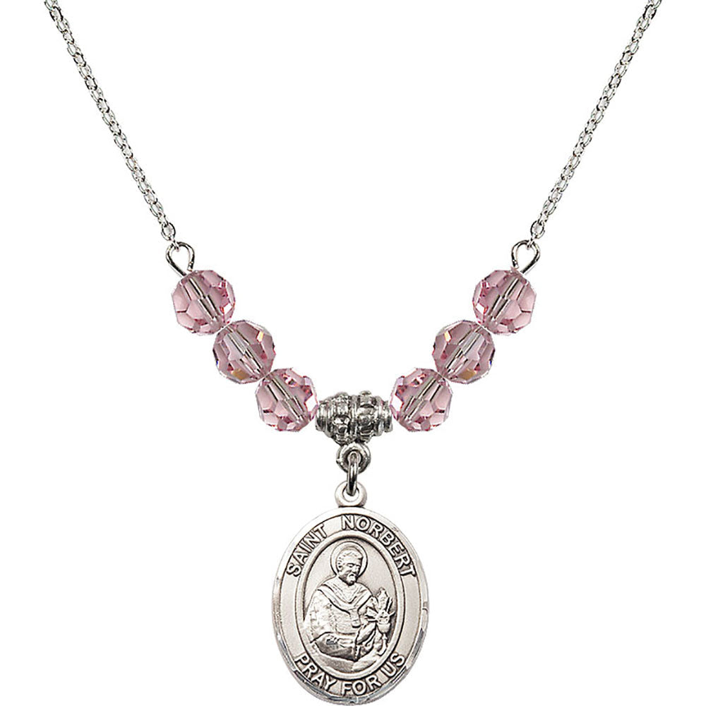 Sterling Silver Saint Norbert of Xanten Birthstone Necklace with Light Rose Beads - 8447