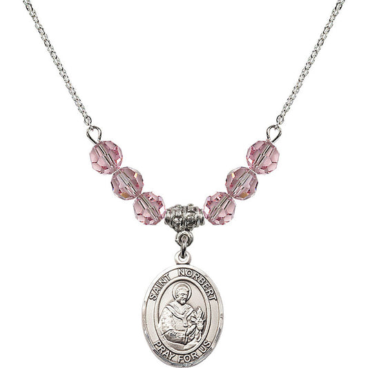 Sterling Silver Saint Norbert of Xanten Birthstone Necklace with Light Rose Beads - 8447
