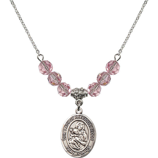 Sterling Silver Our Lady of the Precious Blood Birthstone Necklace with Light Rose Beads - 8448
