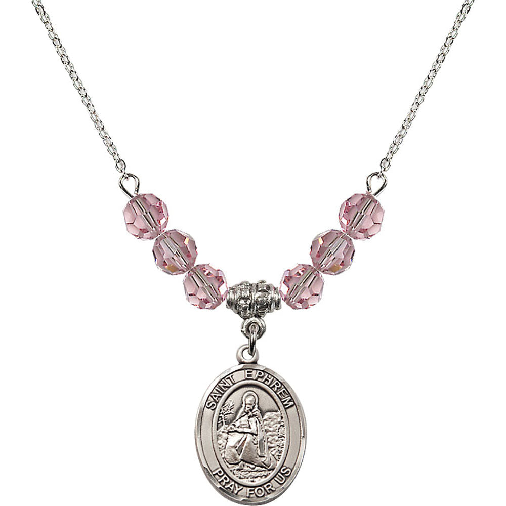 Sterling Silver Saint Ephrem Birthstone Necklace with Light Rose Beads - 8449
