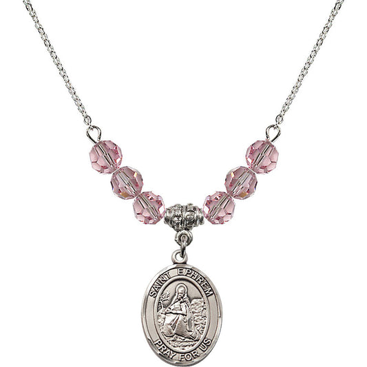 Sterling Silver Saint Ephrem Birthstone Necklace with Light Rose Beads - 8449