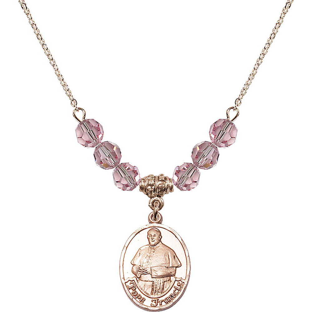 14kt Gold Filled Pope Francis Birthstone Necklace with Light Rose Beads - 8451