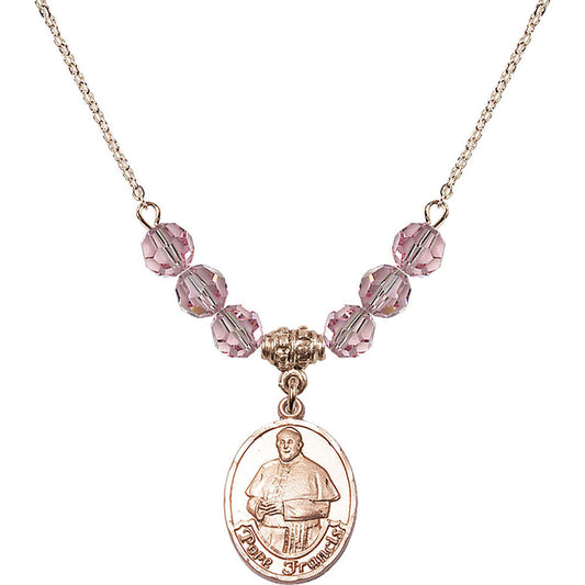 14kt Gold Filled Pope Francis Birthstone Necklace with Light Rose Beads - 8451