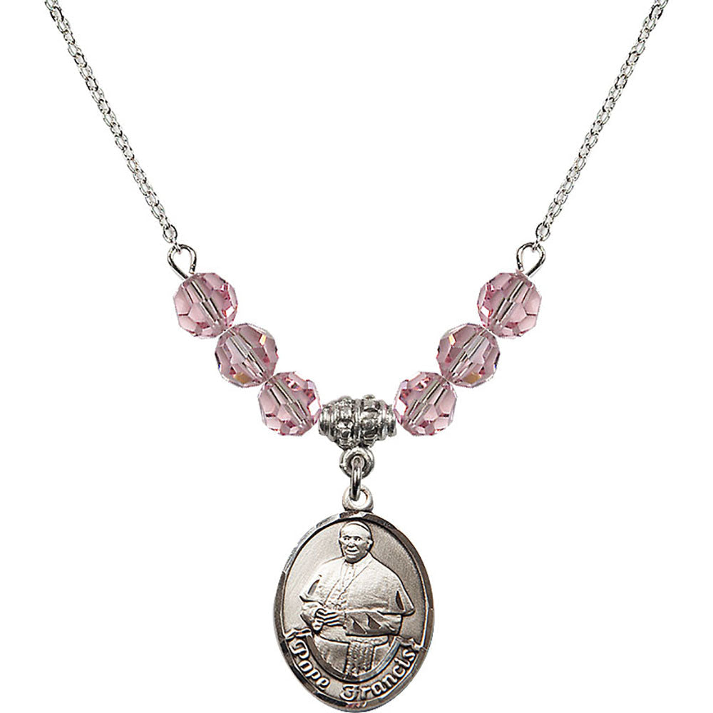 Sterling Silver Pope Francis Birthstone Necklace with Light Rose Beads - 8451