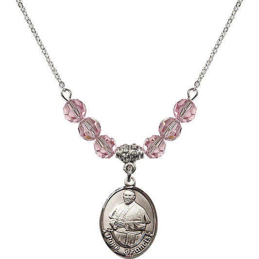 Sterling Silver Pope Francis Birthstone Necklace with Light Rose Beads - 8451