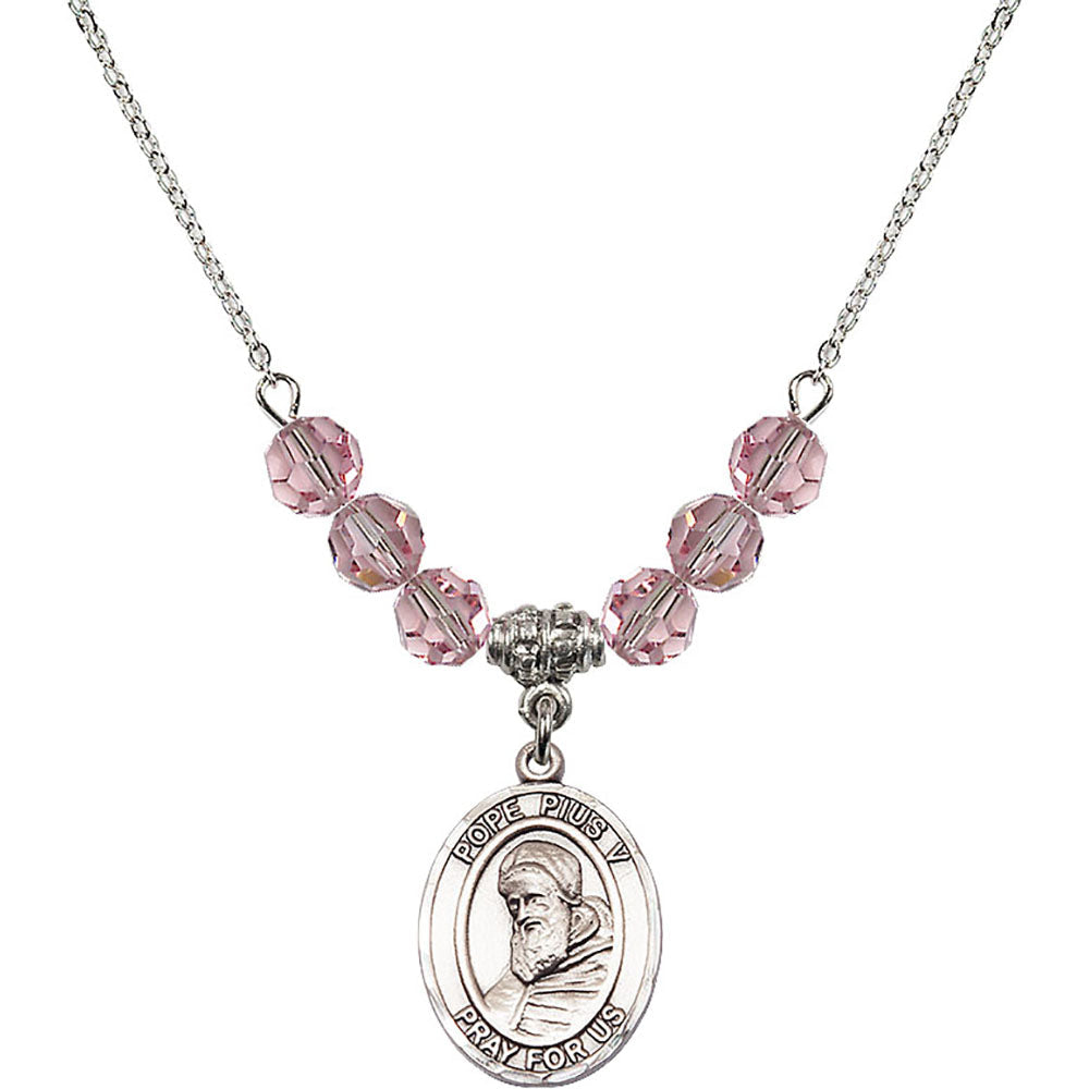 Sterling Silver Saint Pius V Birthstone Necklace with Light Rose Beads - 8452