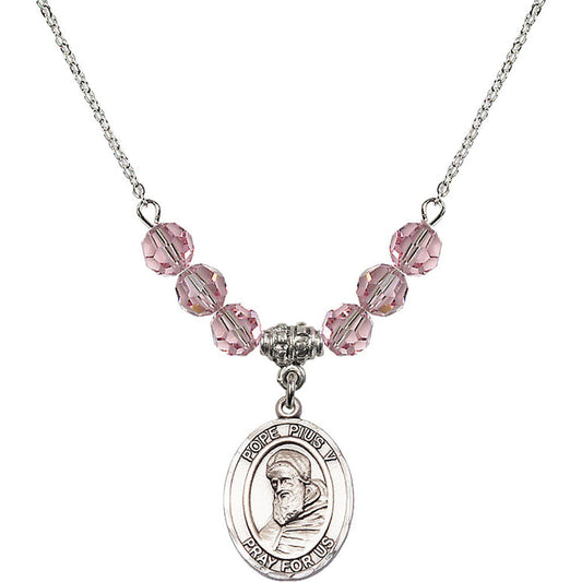 Sterling Silver Saint Pius V Birthstone Necklace with Light Rose Beads - 8452