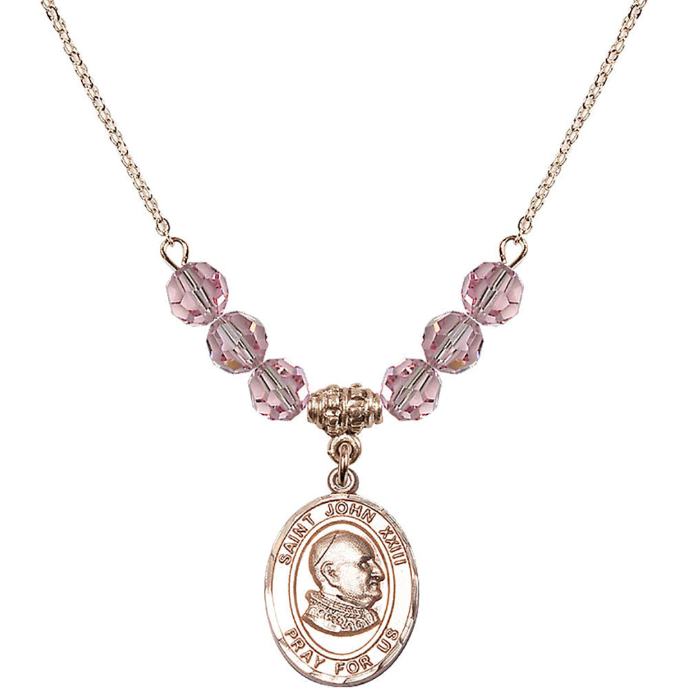 14kt Gold Filled Saint John XXIII Birthstone Necklace with Light Rose Beads - 8455