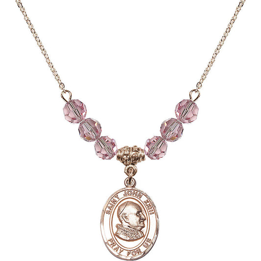 14kt Gold Filled Saint John XXIII Birthstone Necklace with Light Rose Beads - 8455