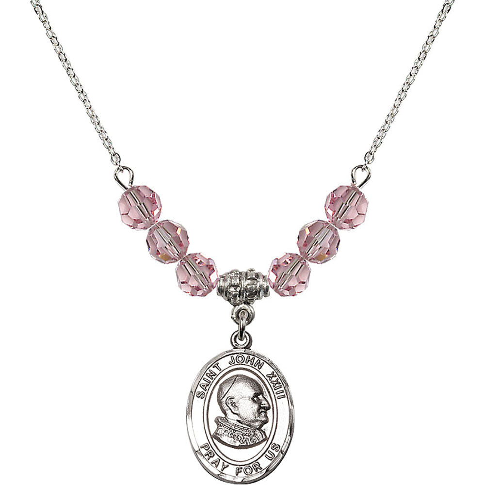 Sterling Silver Saint John XXIII Birthstone Necklace with Light Rose Beads - 8455
