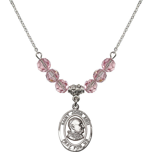 Sterling Silver Saint John XXIII Birthstone Necklace with Light Rose Beads - 8455