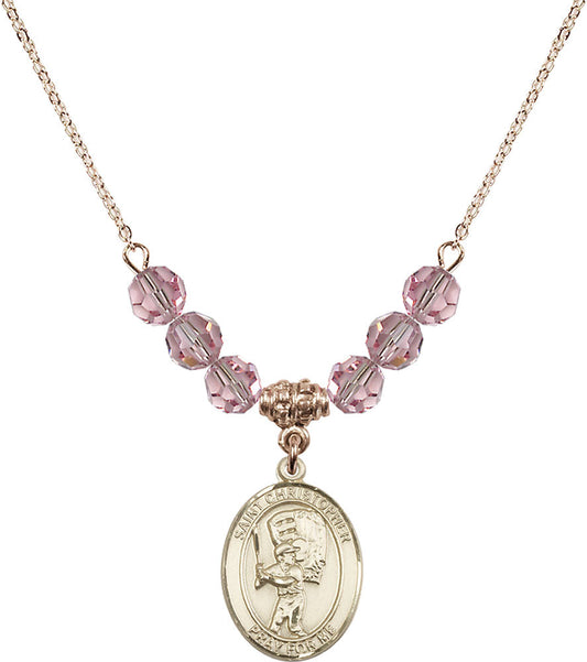 14kt Gold Filled Saint Christopher/Baseball Birthstone Necklace with Light Rose Beads - 8500