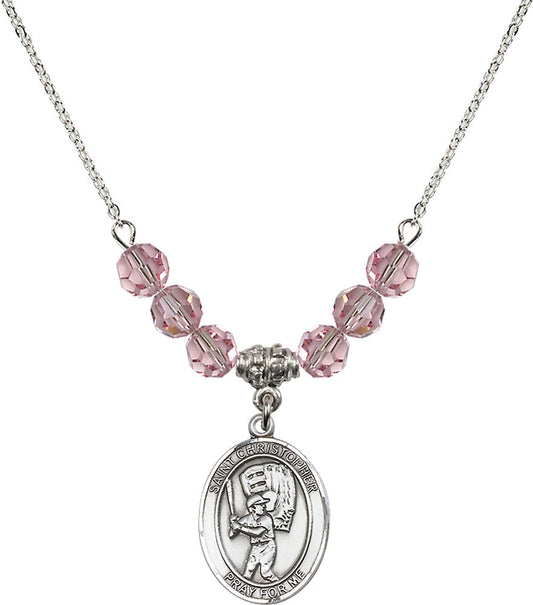 Sterling Silver Saint Christopher/Baseball Birthstone Necklace with Light Rose Beads - 8500