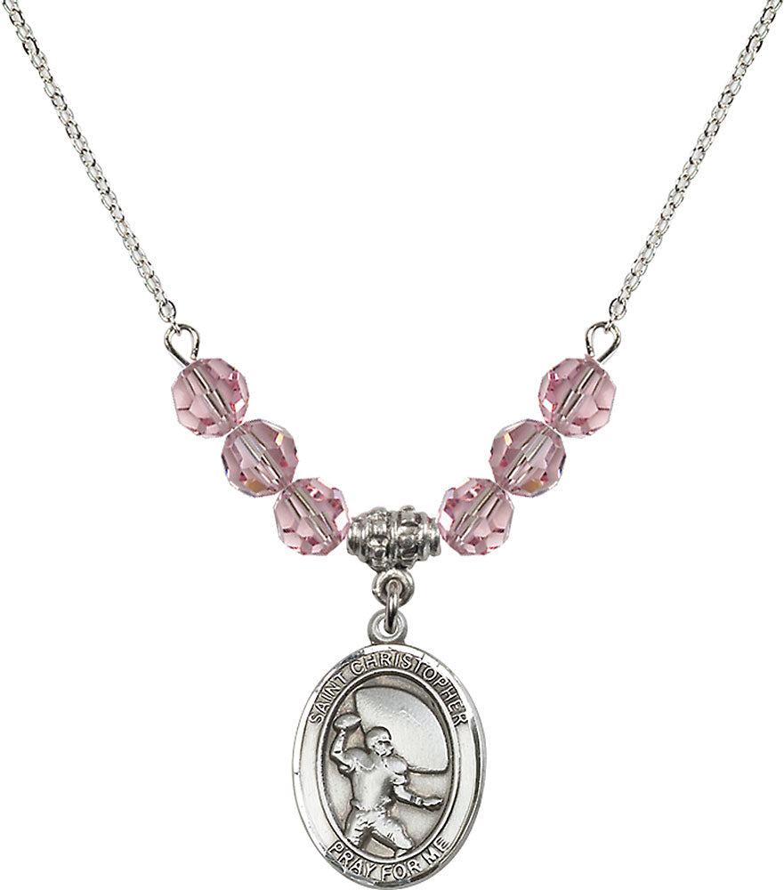 Sterling Silver Saint Christopher / Football Birthstone Necklace with Light Rose Beads - 8501